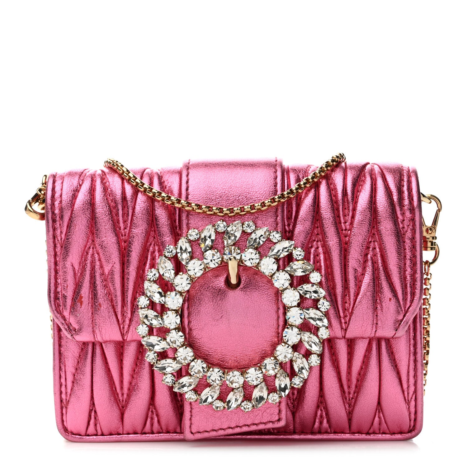 Miu Miu Metallic Nappa Matelasse Crystal Embellished Lady Crossbody Pink 1 of 12