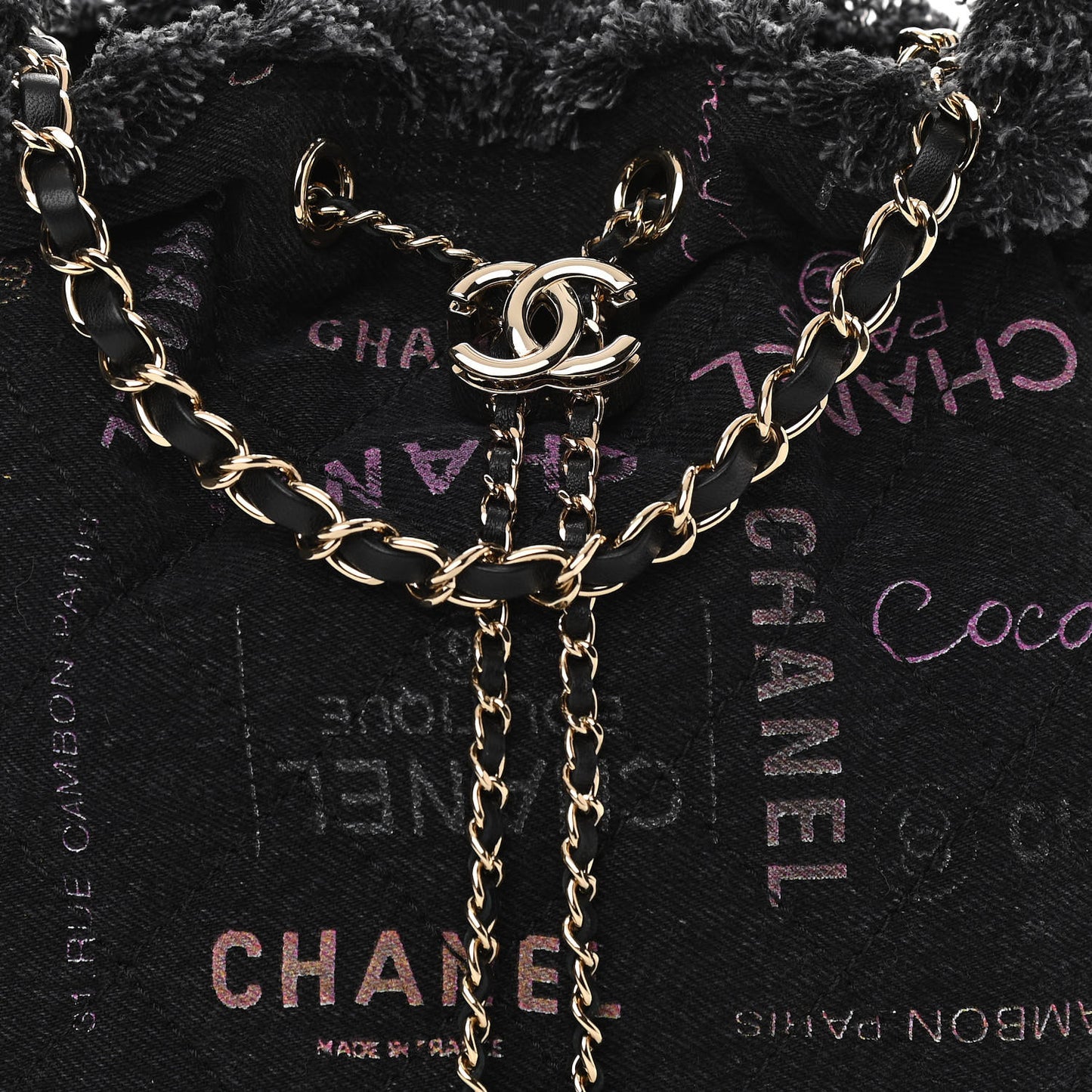 Denim Quilted Mood Bucket With Chain Black Multicolor