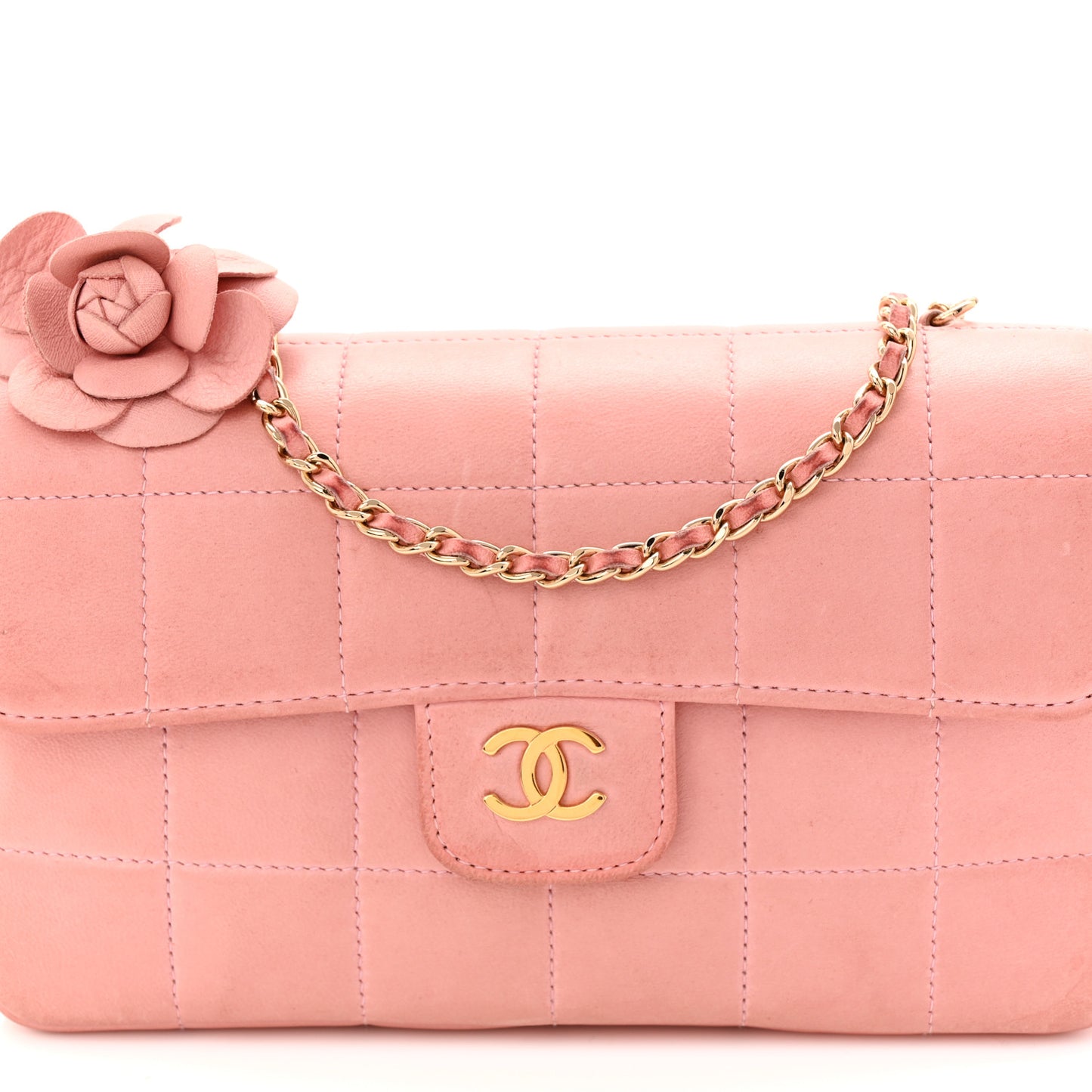 Lambskin Quilted Mini Chocolate Bar Camellia Flap Pink