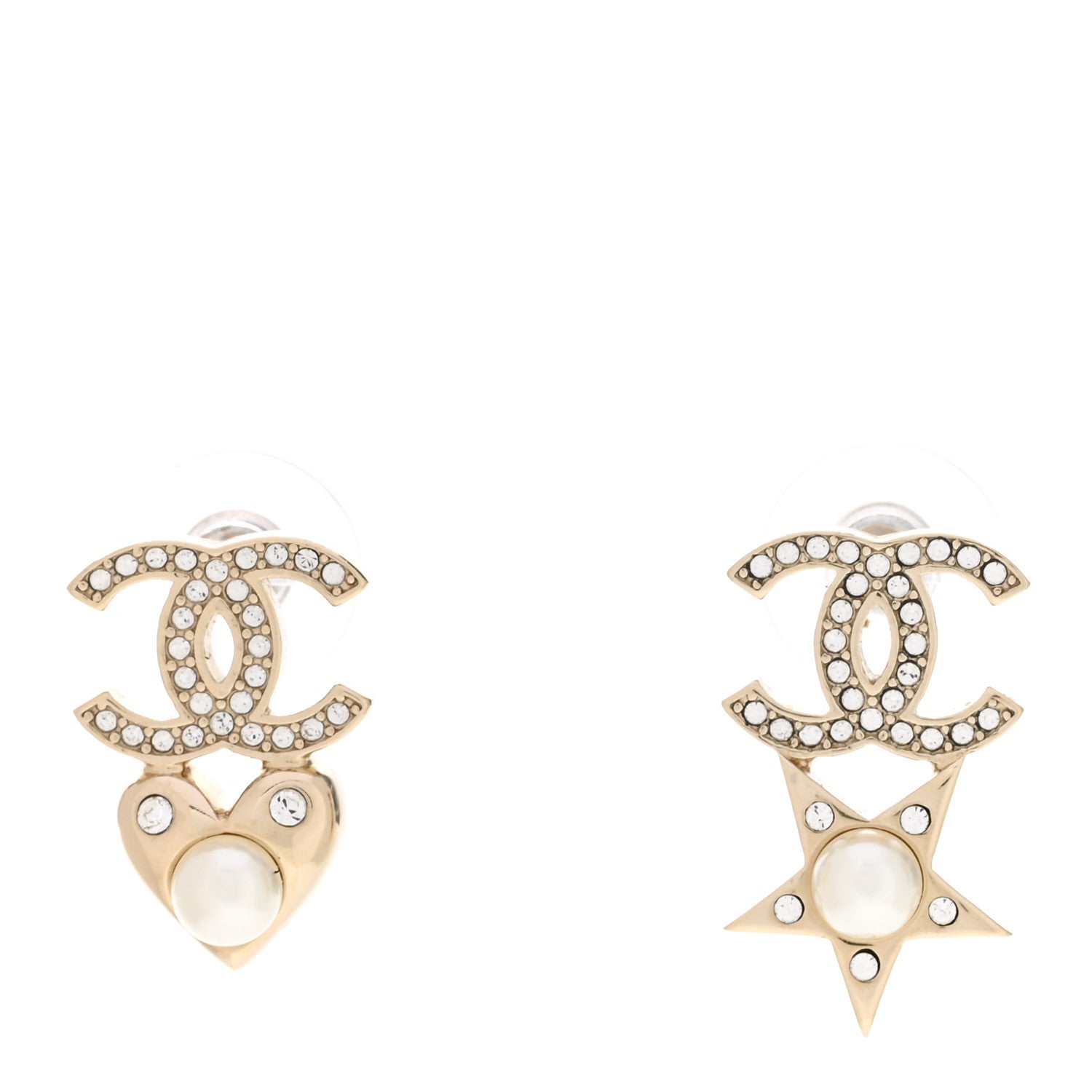 Chanel Crystal Pearl Charming Winter CC Star Heart Earrings Gold 1 of 5