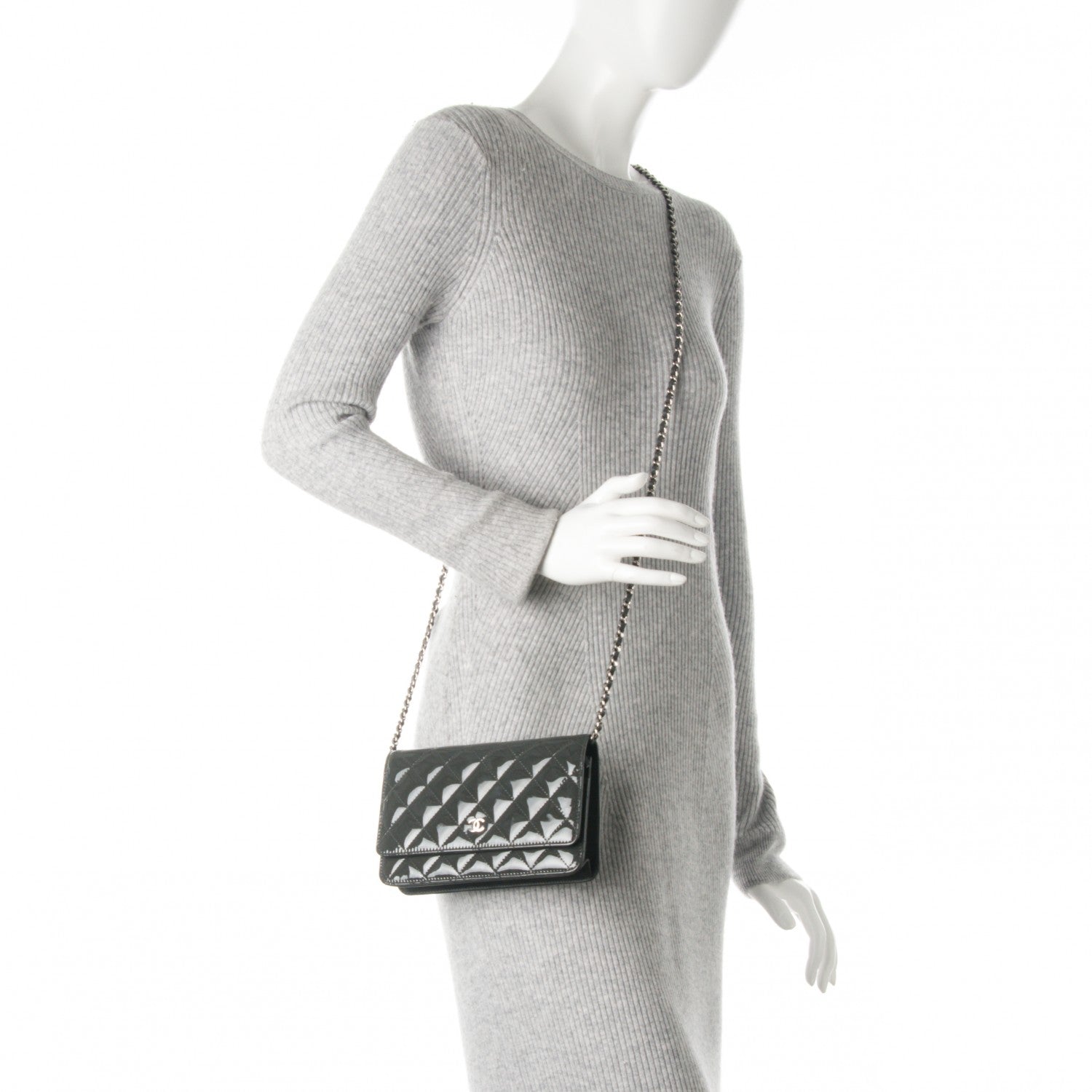 Chanel Patent Quilted Wallet On Chain WOC Dark Grey 2 of 8