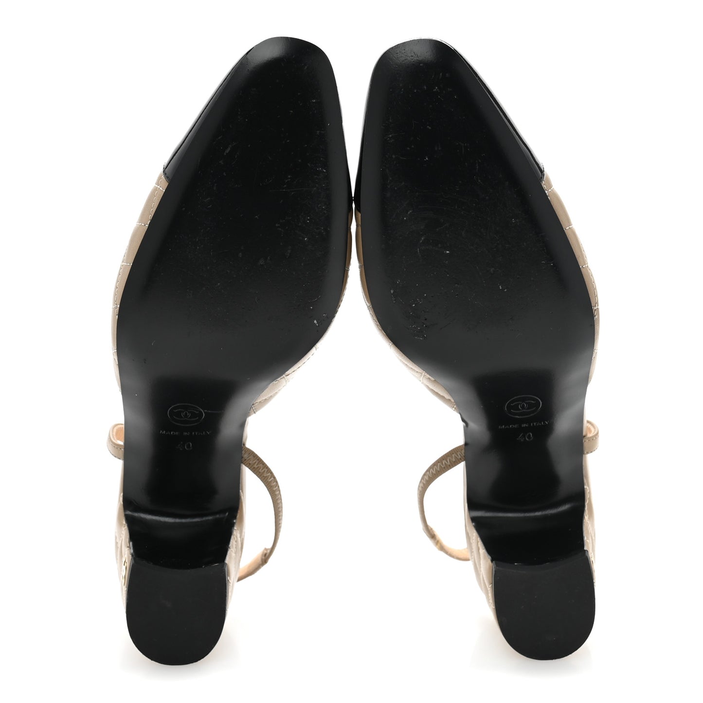 Lambskin Patent Calfskin Quilted Cap Toe CC Slingback Pumps 40 Beige Black