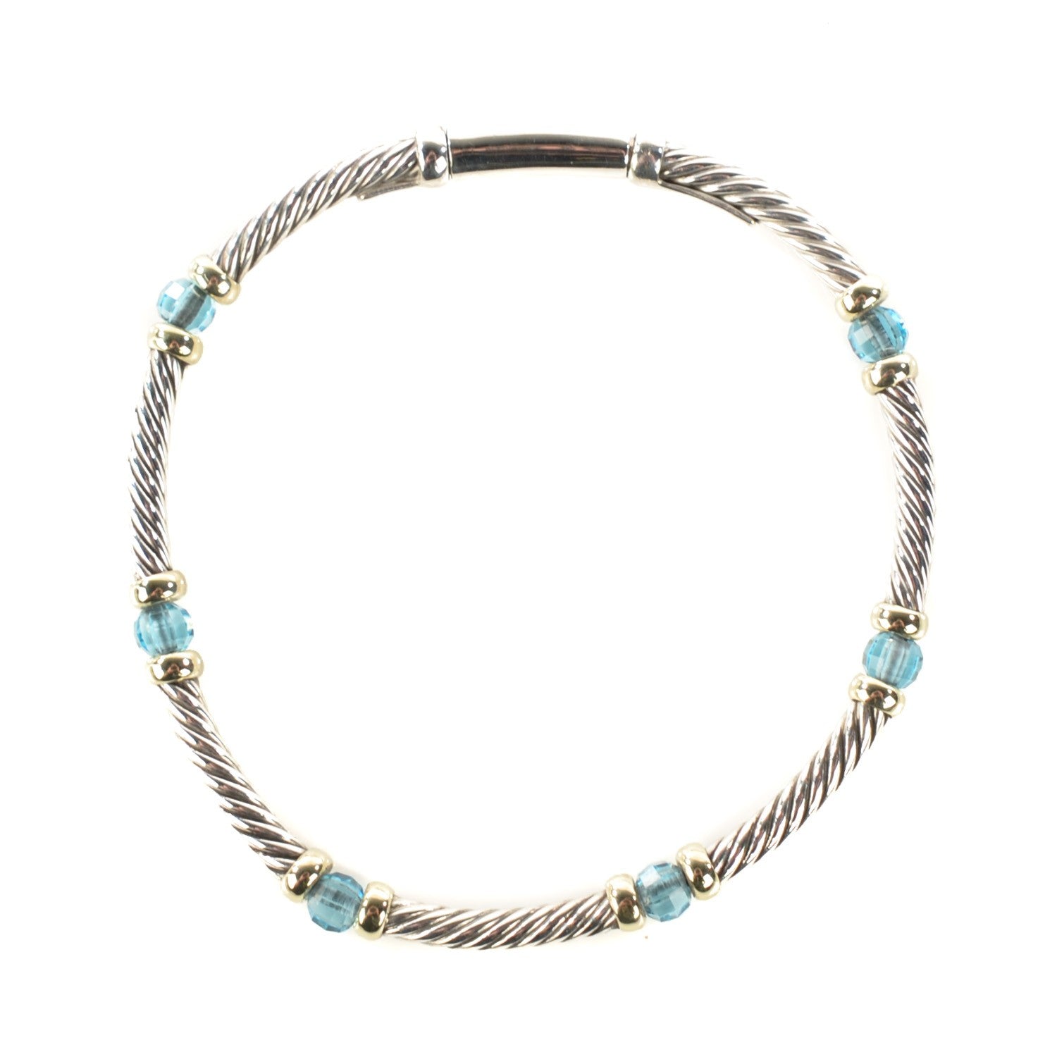 David Yurman Sterling Silver 14K Yellow Gold Blue Topaz Beaded 4mm Cable Bracelet 1 of 6
