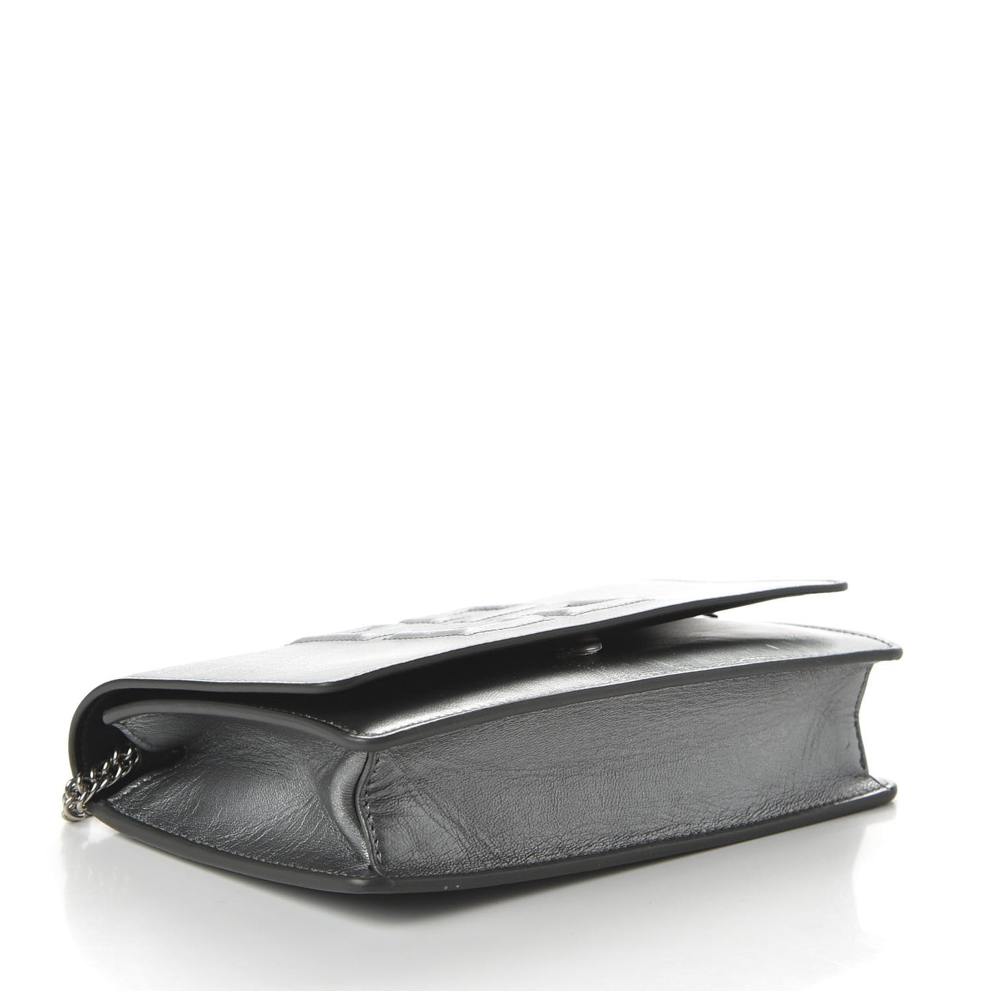 Metallic Lambskin Emblem Chain Wallet Silver