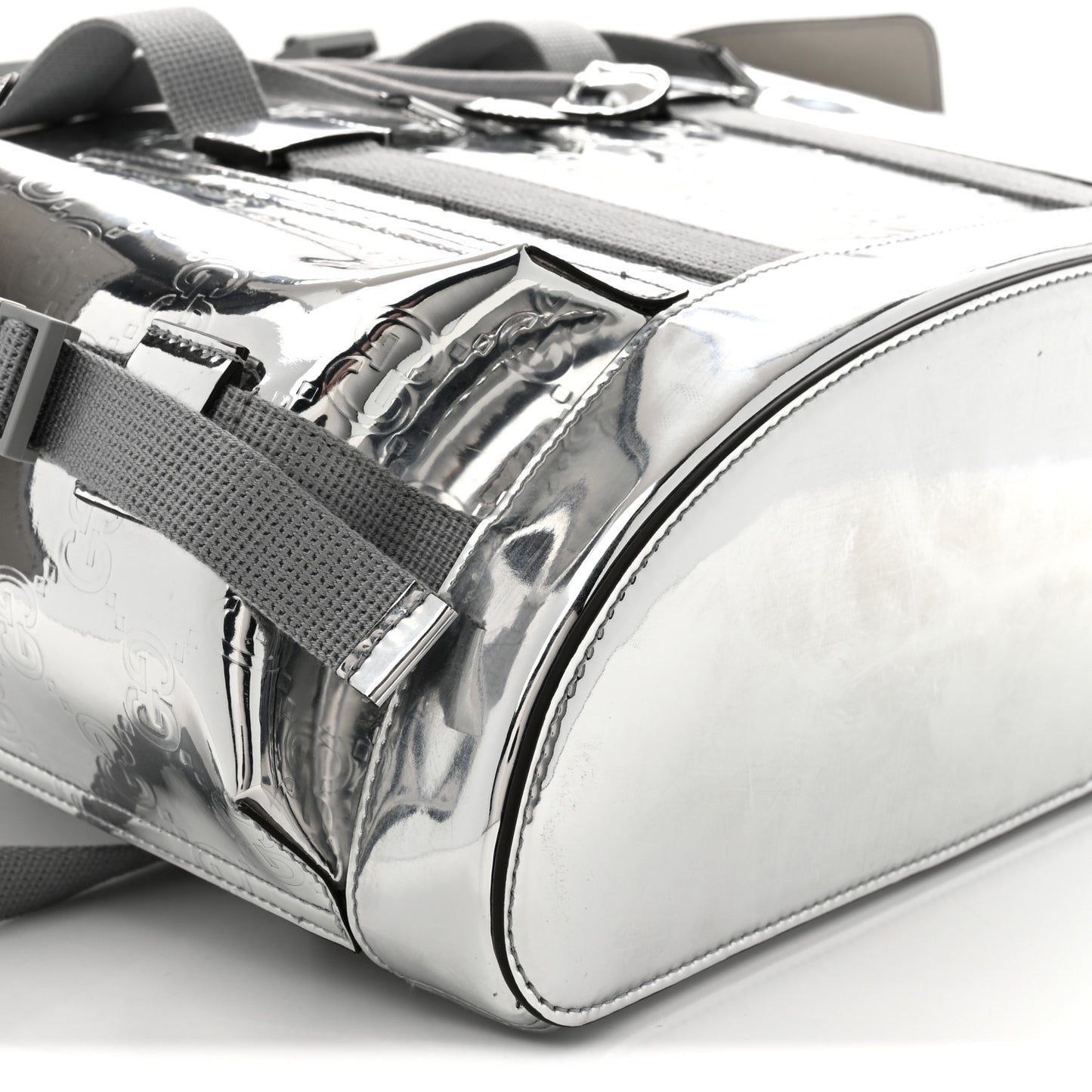 Mirror Effect GG Monogram Appia Calfskin Web Double Buckle Backpack Silver