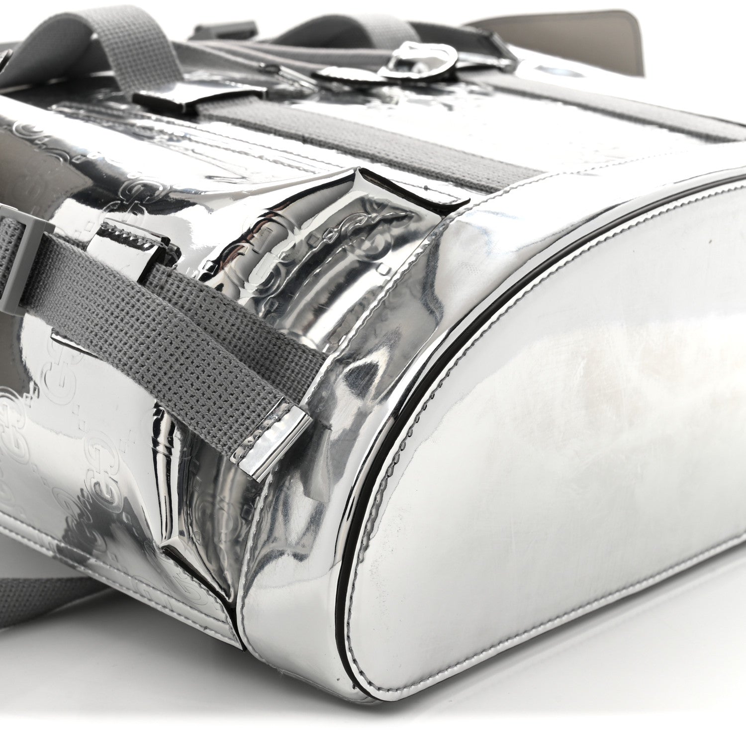 Gucci Mirror Effect GG Monogram Appia Calfskin Web Double Buckle Backpack Silver 9 of 10