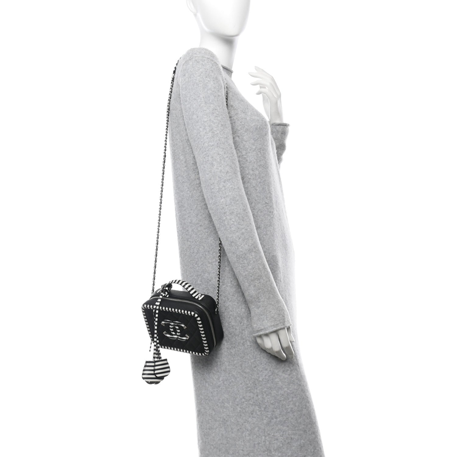 Chanel Caviar Quilted Striped Small CC Filigree Vanity Case Black White 2 of 10