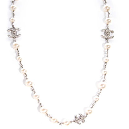 Chanel Crystal Pearl CC Long Necklace Silver 1 of 8