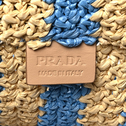 Prada Yarn Raffia Effect Crochet Striped Small Logo Tote Naturale Celeste 6 of 8