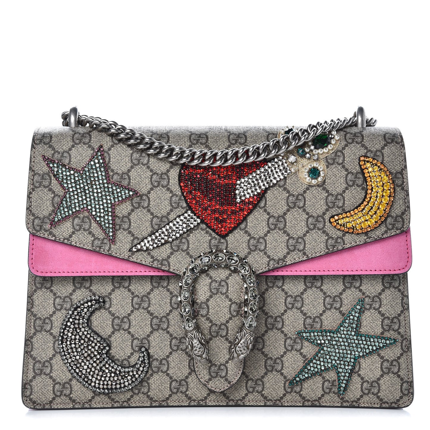 GG Supreme Monogram Suede Pierced Heart Embroidered Medium Dionysus Shoulder Bag Beige Ebony Pink Tropical Flower