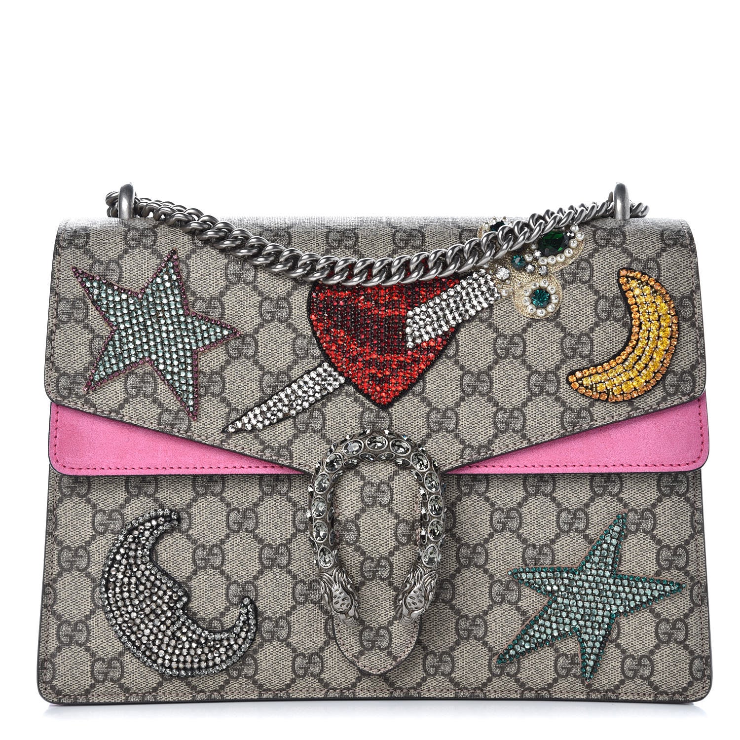 Gucci GG Supreme Monogram Suede Pierced Heart Embroidered Medium Dionysus Shoulder Bag Beige Ebony Pink Tropical Flower 1 of 18