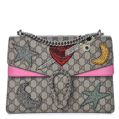 Gucci GG Supreme Monogram Suede Pierced Heart Embroidered Medium Dionysus Shoulder Bag Beige Ebony Pink Tropical Flower 1 of 18