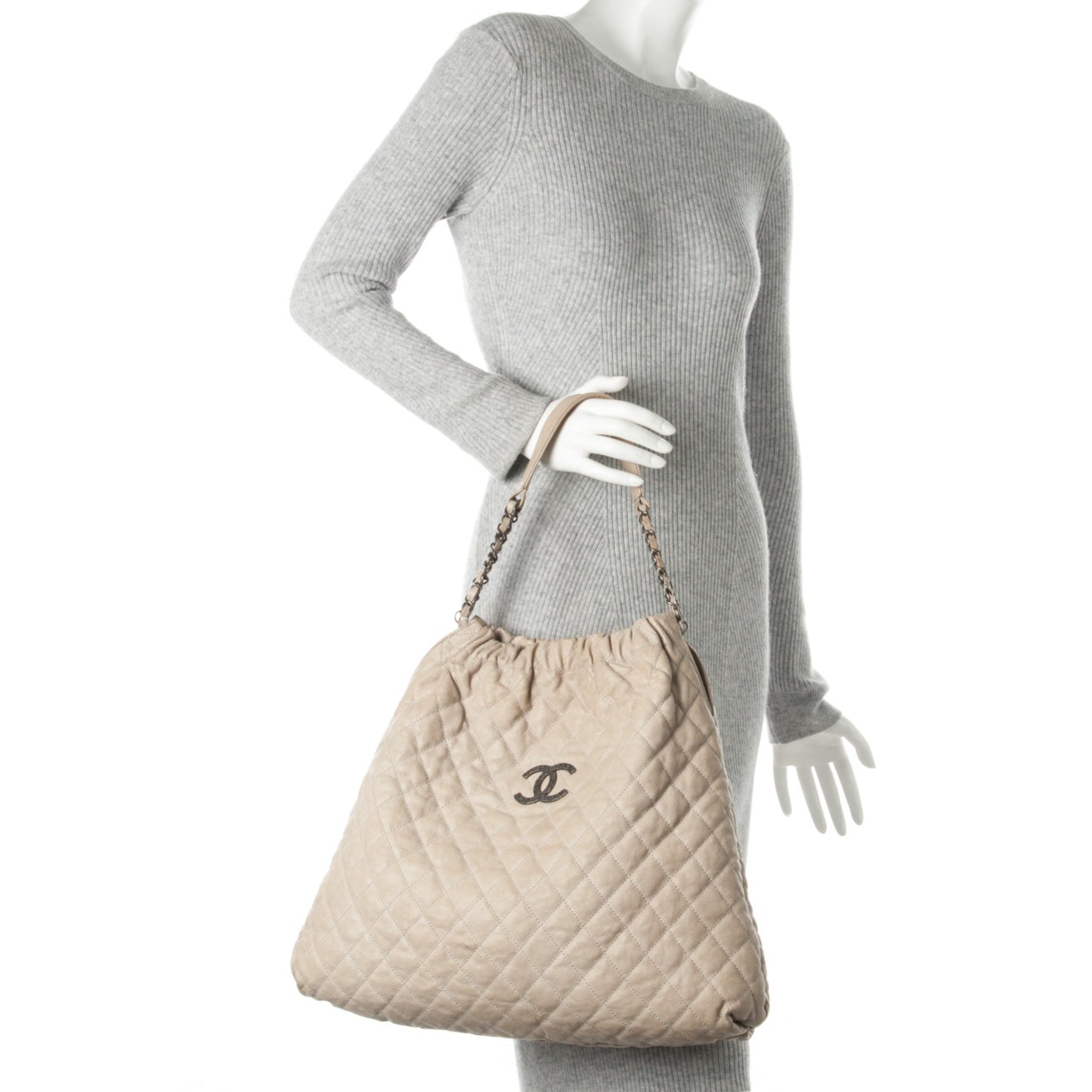 Caviar Quilted Large Elastic Tote Gray