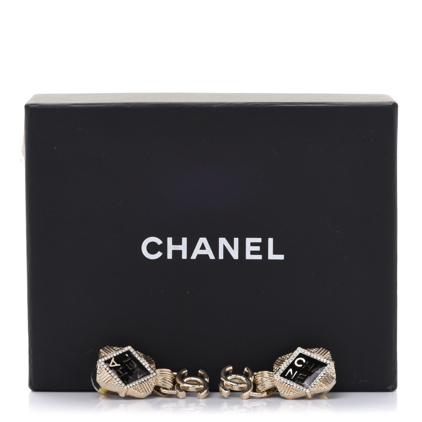 Resin Crystal Quilted CC Drop Earrings Black Gold