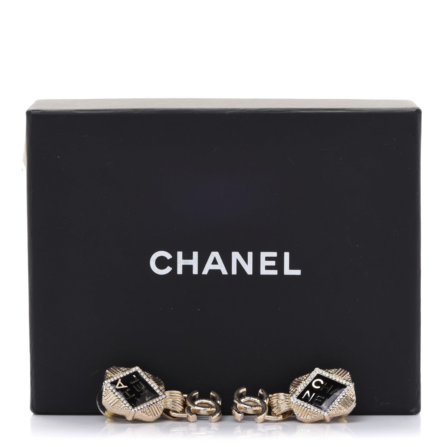 Chanel Resin Crystal Quilted CC Drop Earrings Black Gold 5 of 5