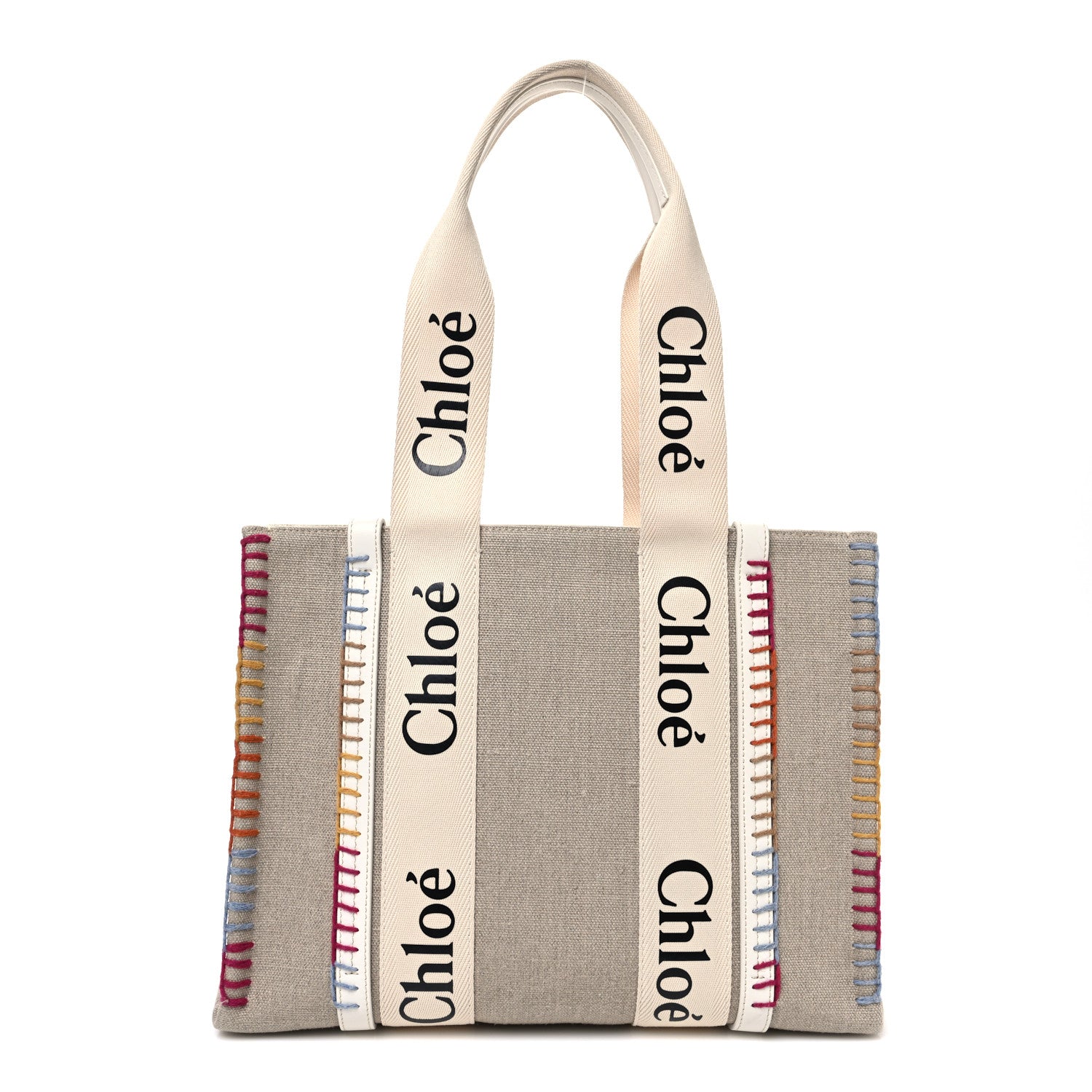 Chloe Linen Canvas Calfskin Blanket Stitched Medium Woody Ribbon Tote White Multicolor 1 of 12