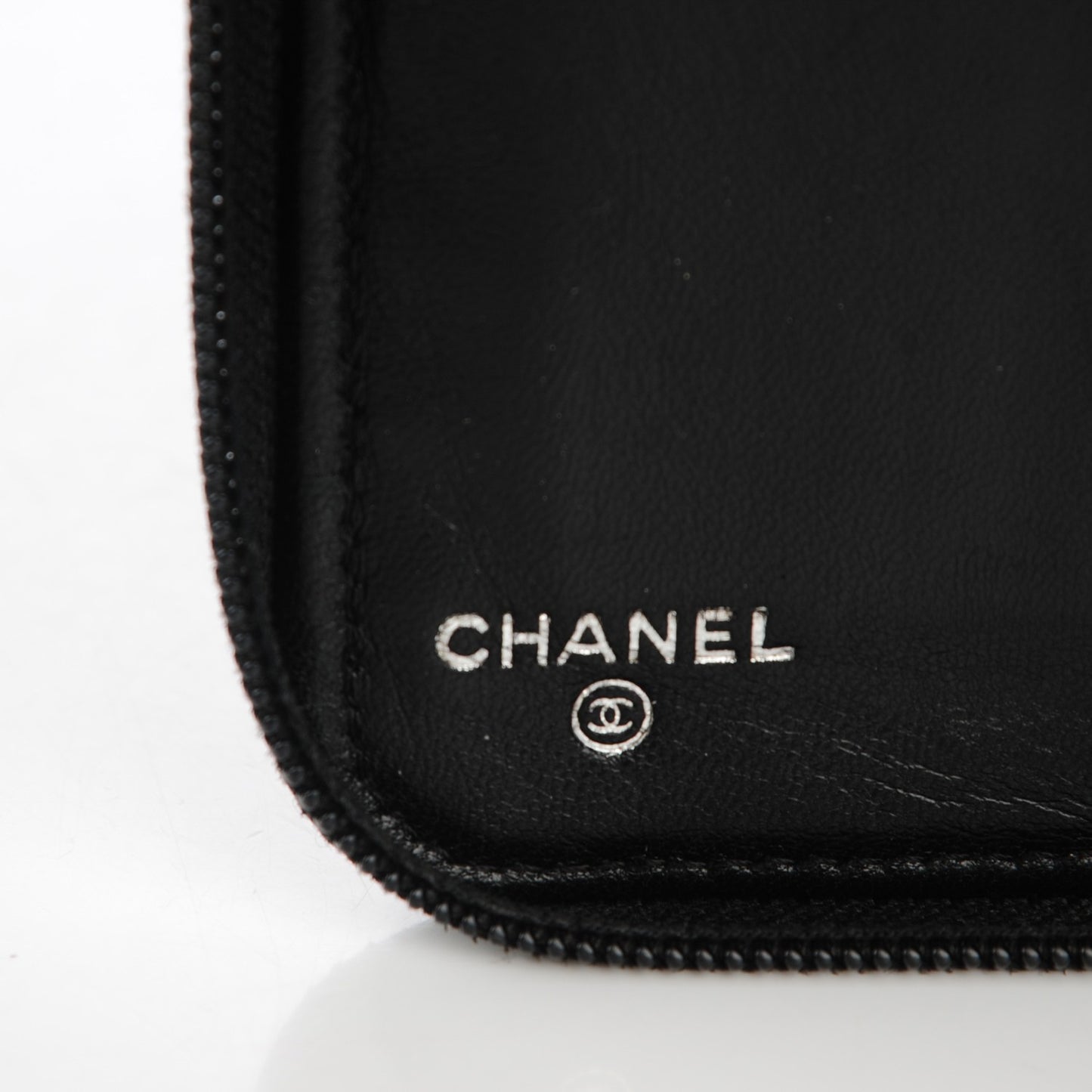Lambskin Camellia Embossed Zip Around Organizer Wallet Black
