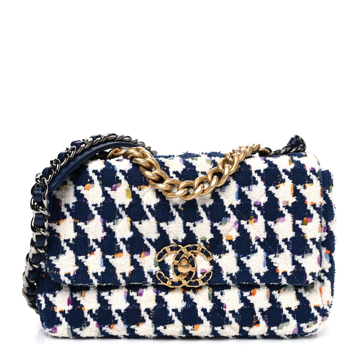 Chanel Tweed Quilted Medium Chanel 19 Flap Ecru Navy Blue Multicolor 1 of 11