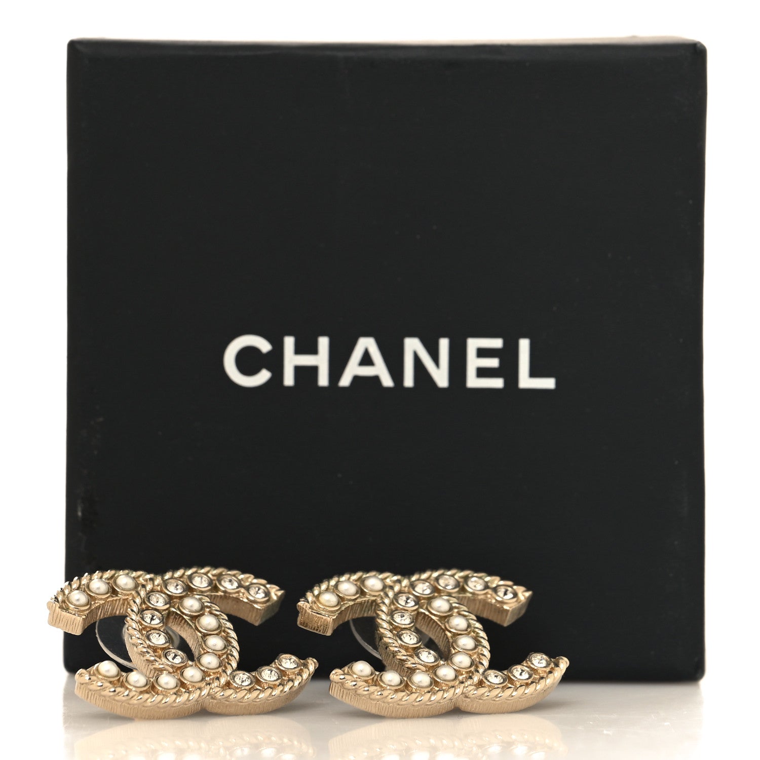 Chanel Pearl Crystal CC Stud Earrings Gold 5 of 5