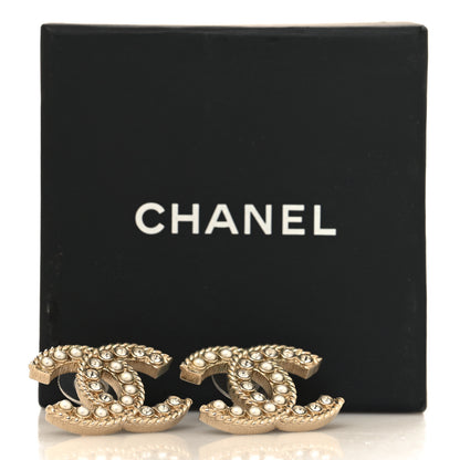 Chanel Pearl Crystal CC Stud Earrings Gold 5 of 5
