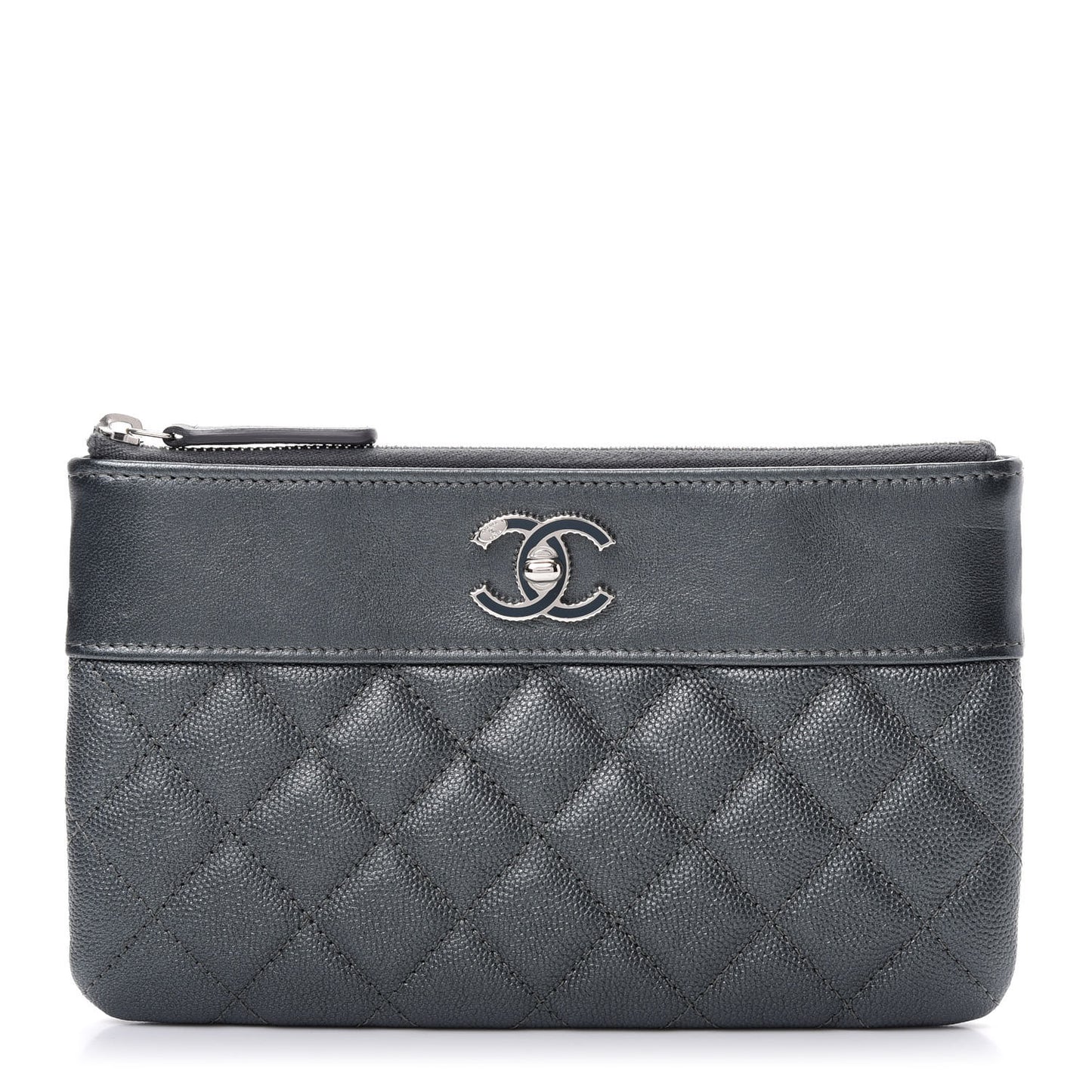 Metallic Caviar Quilted Mademoiselle Vintage Zip Pouch Dark Grey