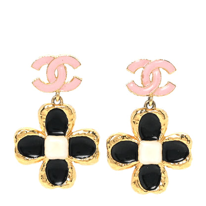 Chanel Resin Metal Glass CC Clover Drop Earrings Gold Black Pink 1 of 5