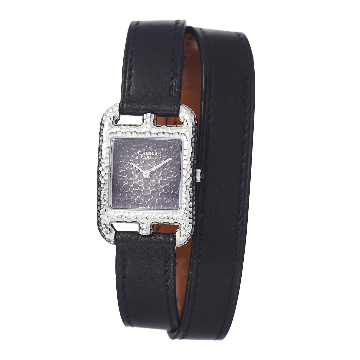 Hermes Stainless Steel Barenia 23mm Cape Cod Martelee Double Tour Quartz Watch Noir 1 of 5
