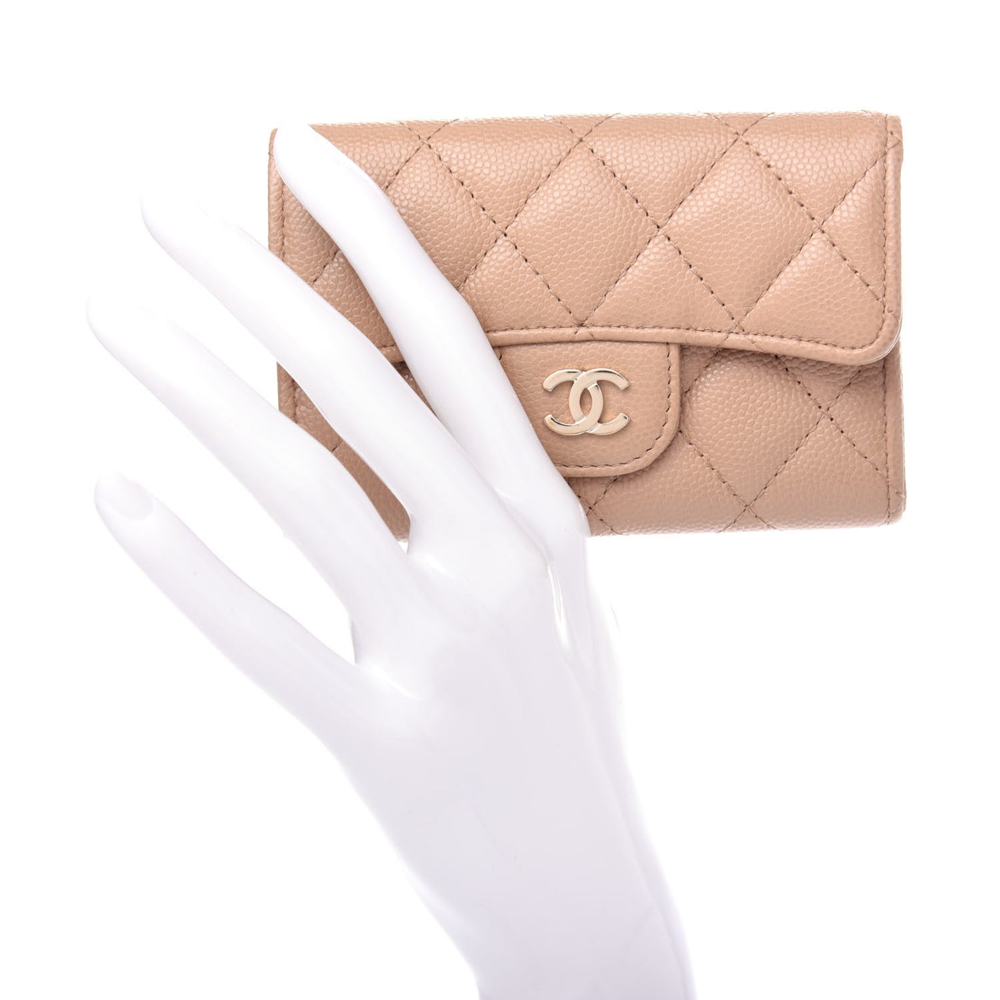 Caviar Quilted Flap Card Holder Wallet Beige