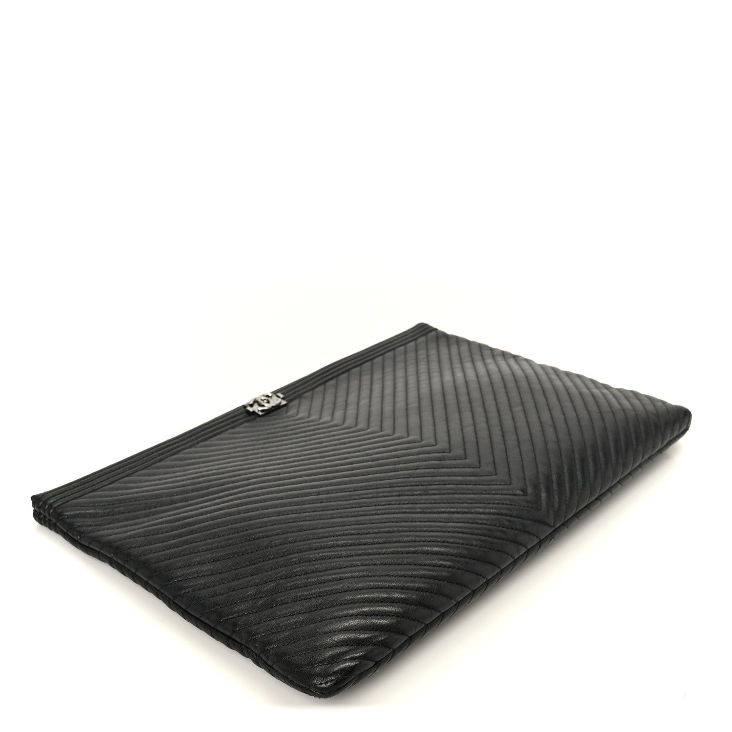 Chanel Lambskin Chevron Large Boy Zip Pouch Black 4 of 8