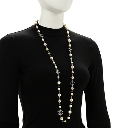 Chanel Graduated Pearl Crystal CC Long Necklace Silver 2 of 6