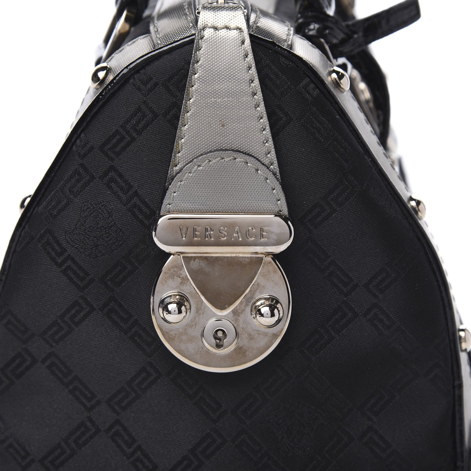 Versace Saffiano Crocodile Embossed Calfskin Nylon Madonna Satchel Black Silver 11 of 11