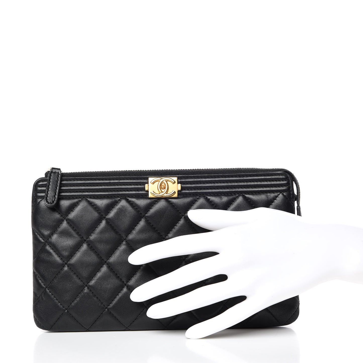Lambskin Quilted Small Zipped Boy Pouch Black