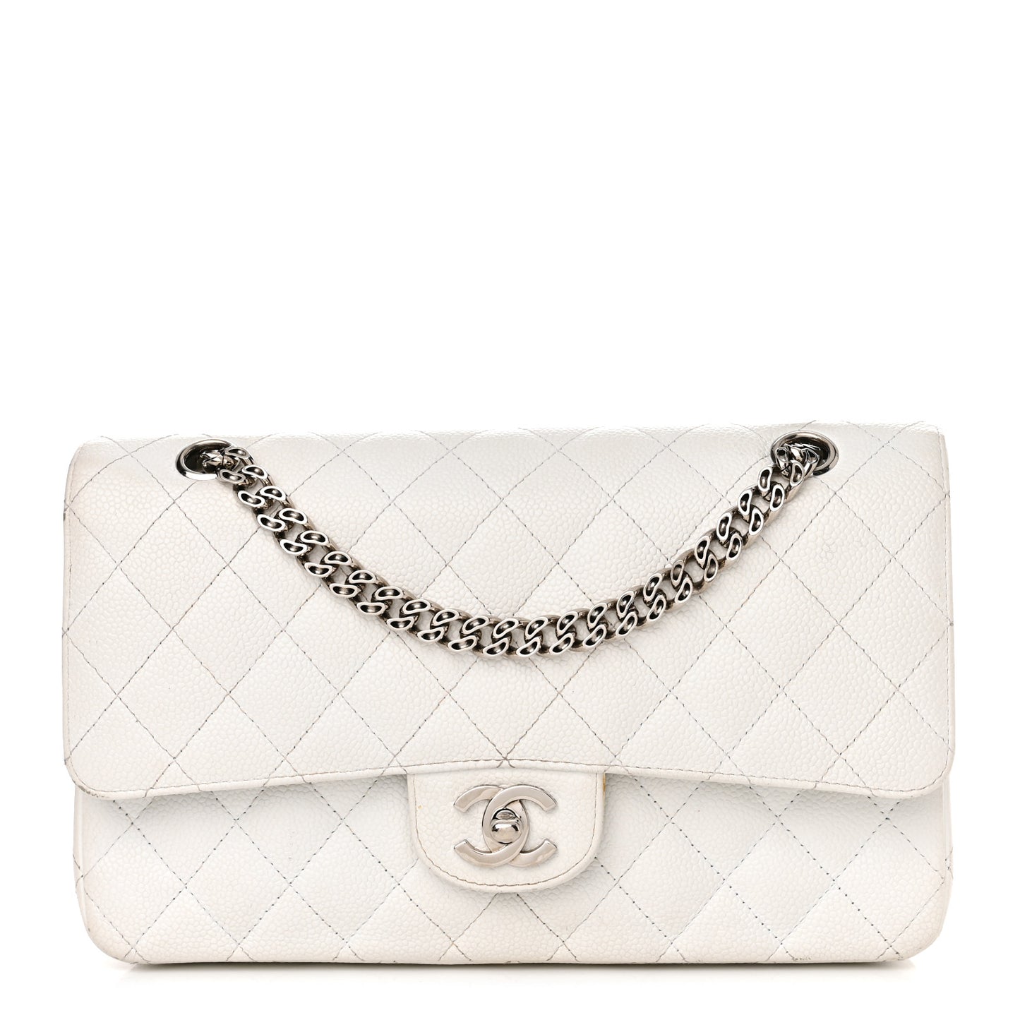 Caviar Quilted Medium Double Flap Bijoux Chain White