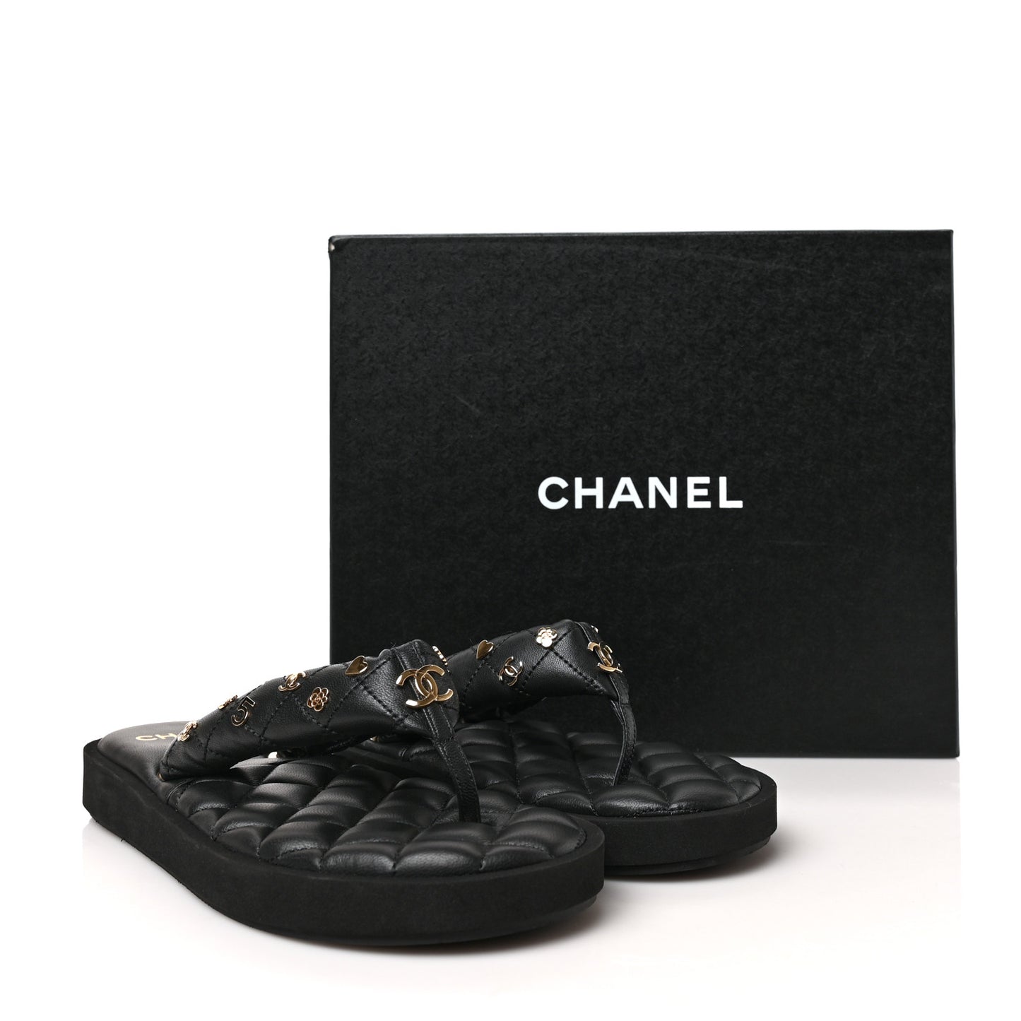 Lambskin Quilted Padded Charms Thong Sandals 39.5 Black
