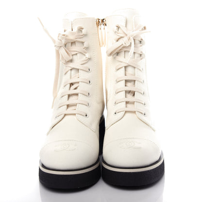 Chanel Fabric CC Lace Up Boots 37.5 White 5 of 13