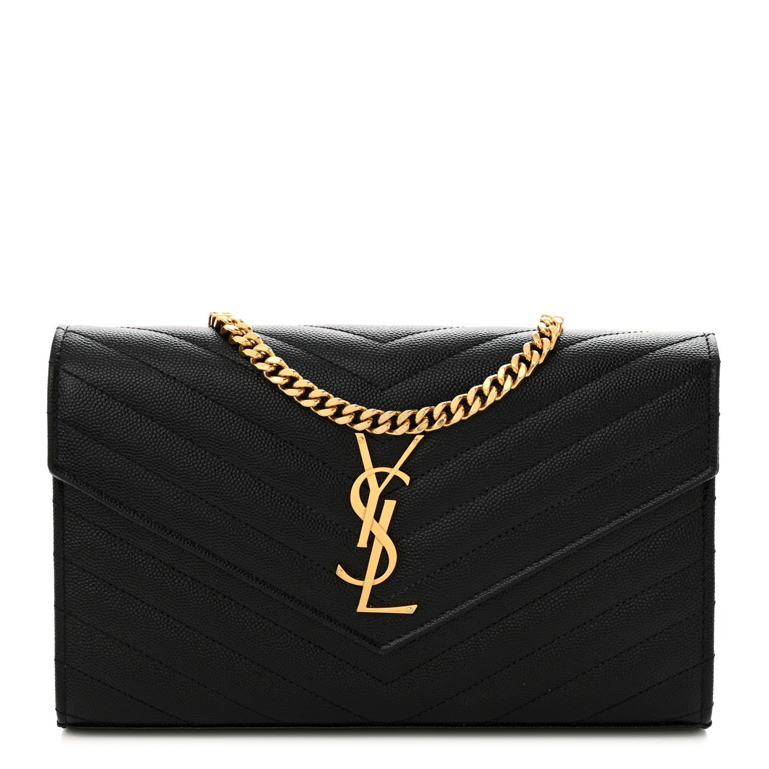 Saint Laurent Grain De Poudre Matelasse Chevron Monogram Chain Wallet Black 1 of 10