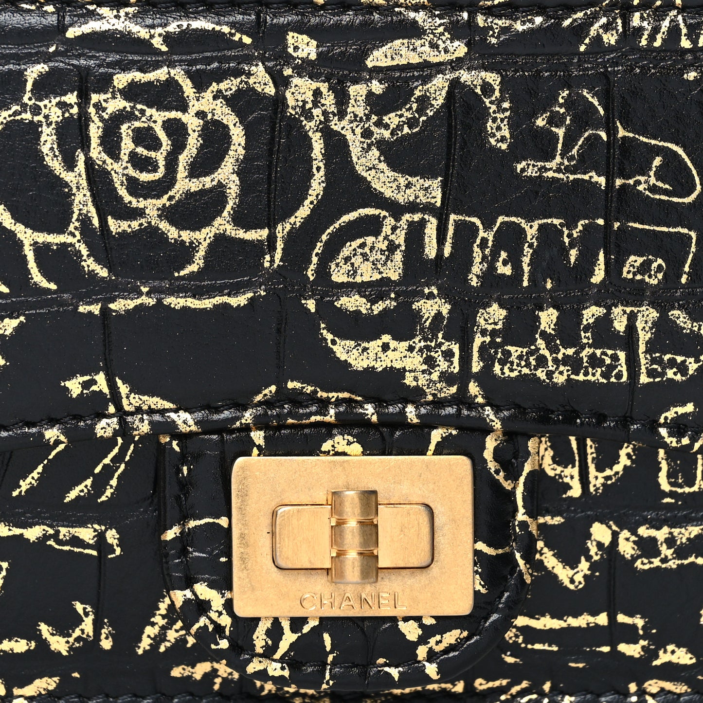 Calfskin Crocodile Embossed Graffiti Reissue Flap Zip Card Holder Black Gold