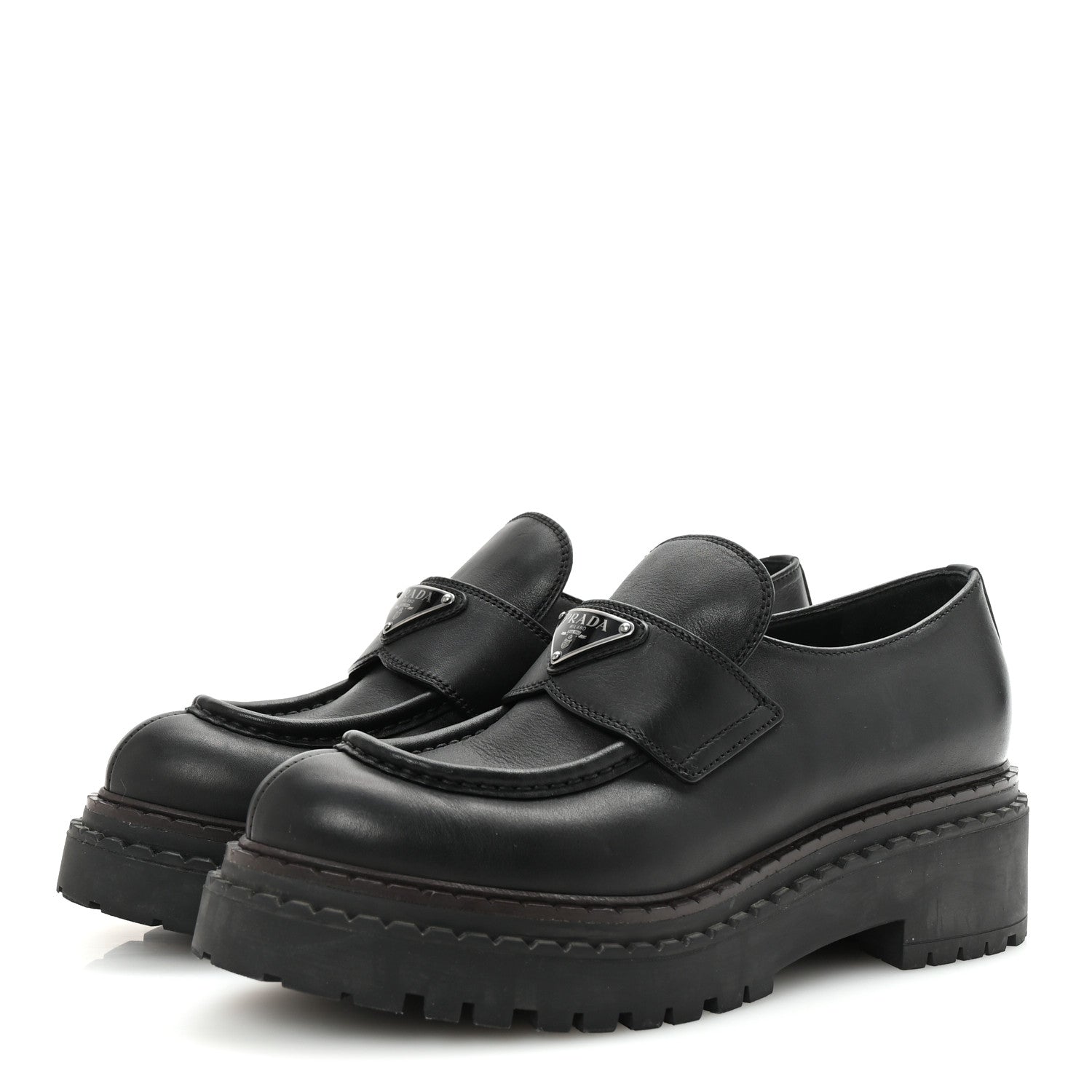 Prada Spazzolato Metal Triangle Logo Double Chocolate Loafers 39 Black 4 of 9