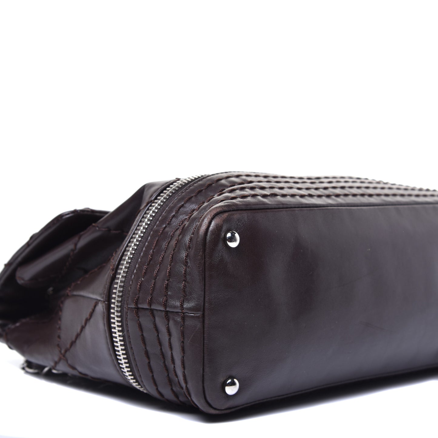 Calfskin Stitched Large Expandable Flap Bag Dark Brown