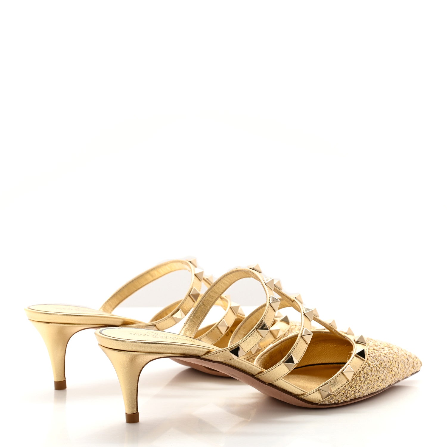 Valentino Garavani Metallic Boucle Calfskin Rockstud 50mm Cage Mules 37 Gold 4 of 9