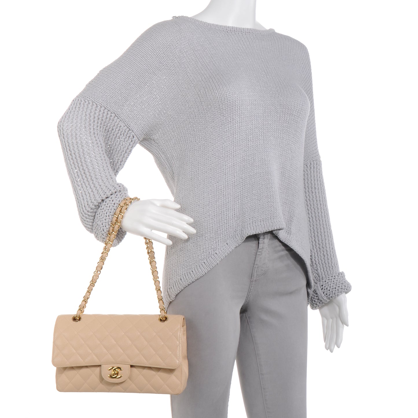 Caviar Quilted Medium Double Flap Beige Clair