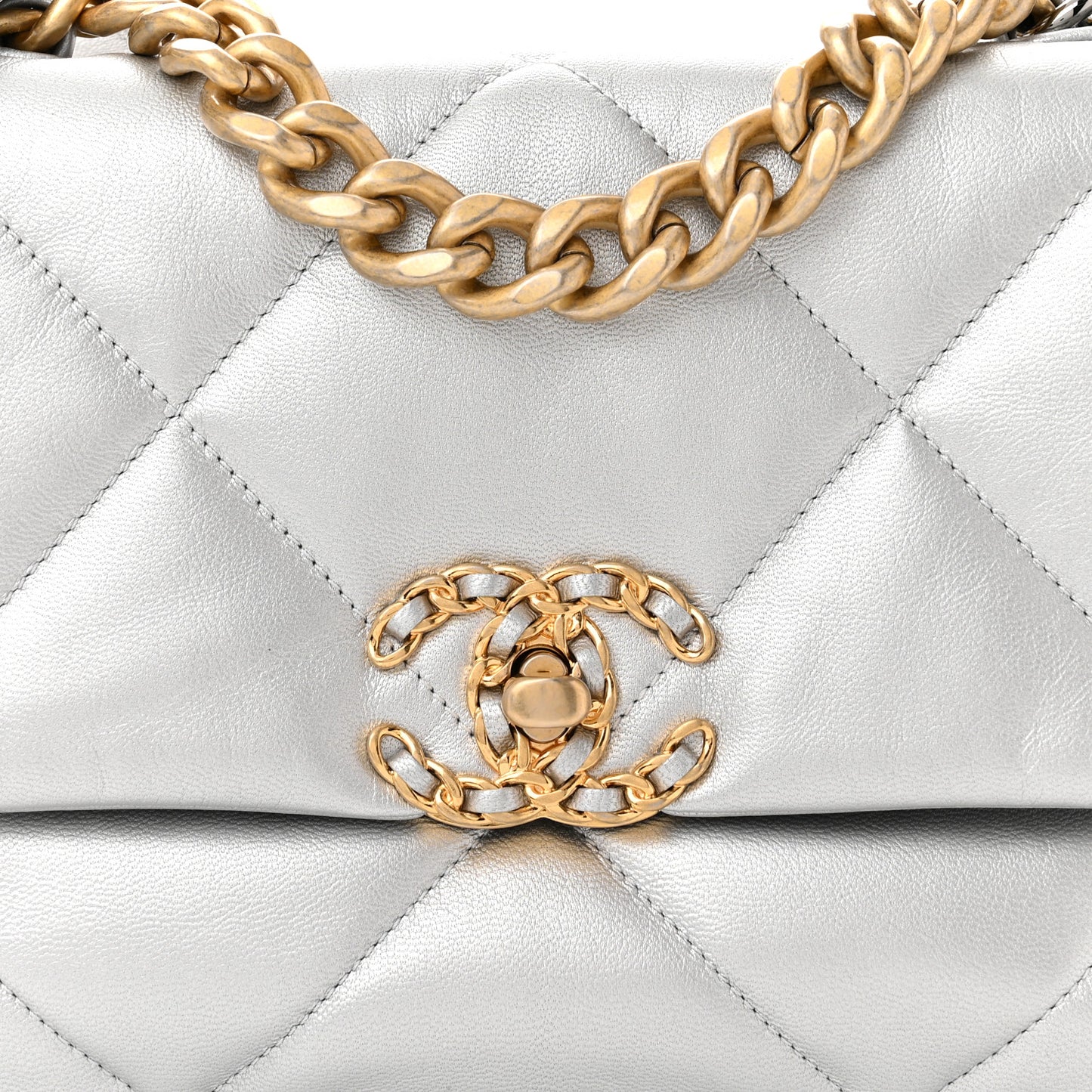 Metallic Goatskin Quilted Medium Chanel 19 Flap Silver