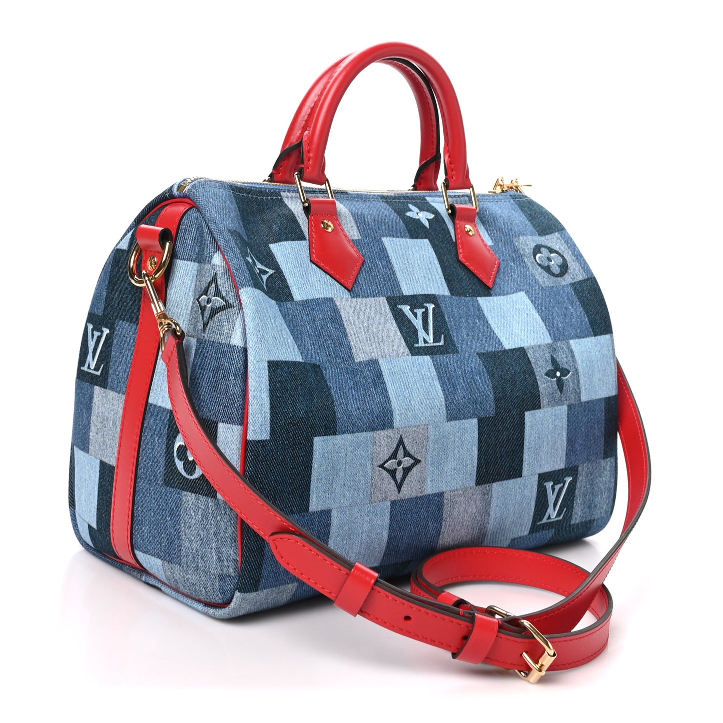 Denim Damier Monogram Patchwork Speedy Bandouliere 30 Blue Rouge
