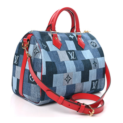 Louis Vuitton Denim Damier Monogram Patchwork Speedy Bandouliere 30 Blue Rouge 3 of 9