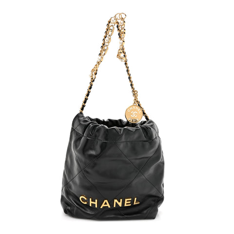 Shiny Calfskin Quilted Pearl CC Chain Mini Chanel 22 Black