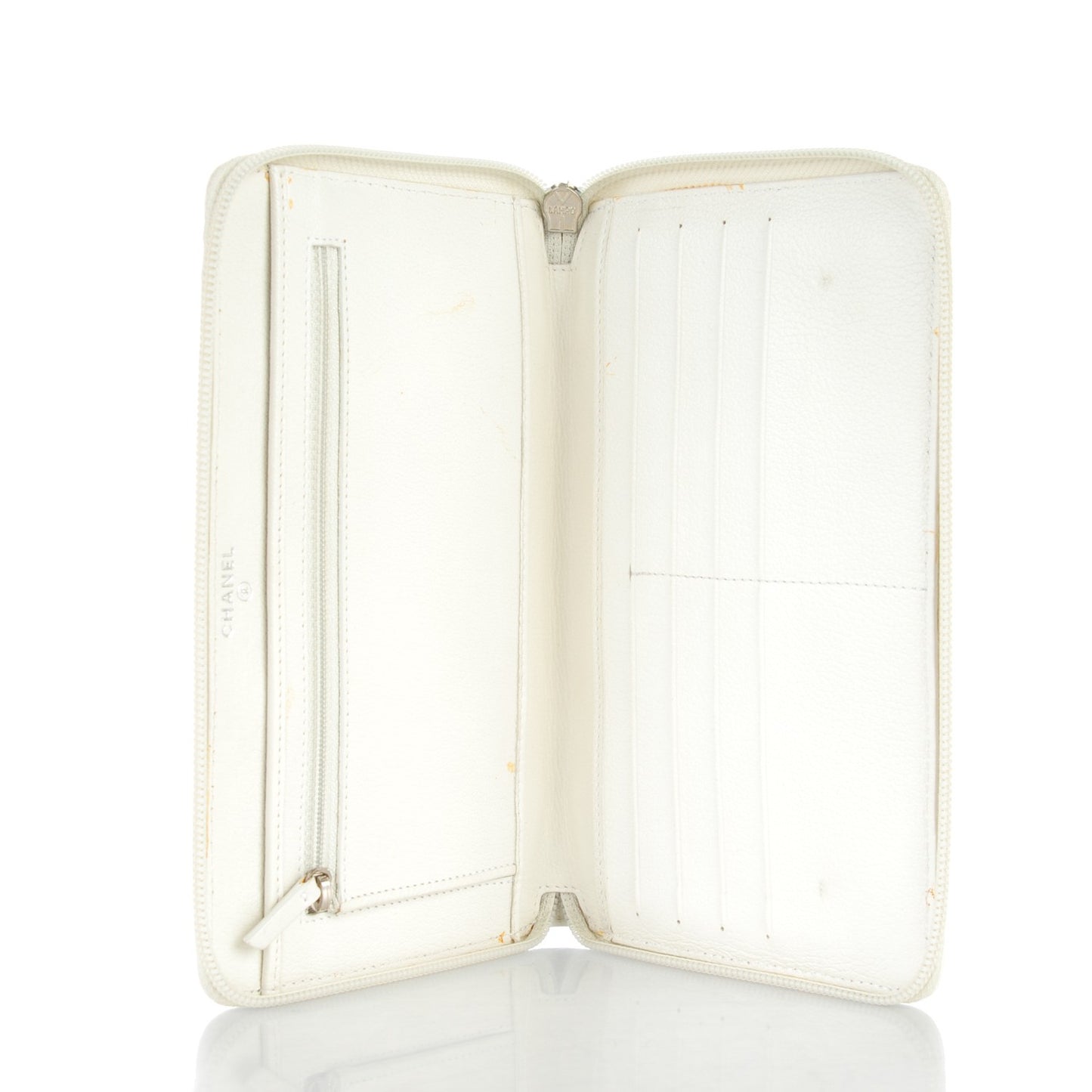 Goatskin Camellia Embossed Zip Around Wallet White
