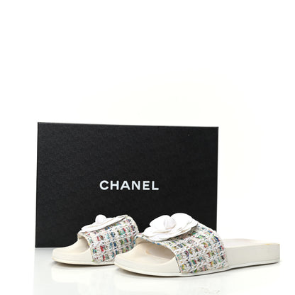 Chanel Tweed Grosgrain Camellia Flat Sandals 38 Ivory Ecru Green 7 of 7