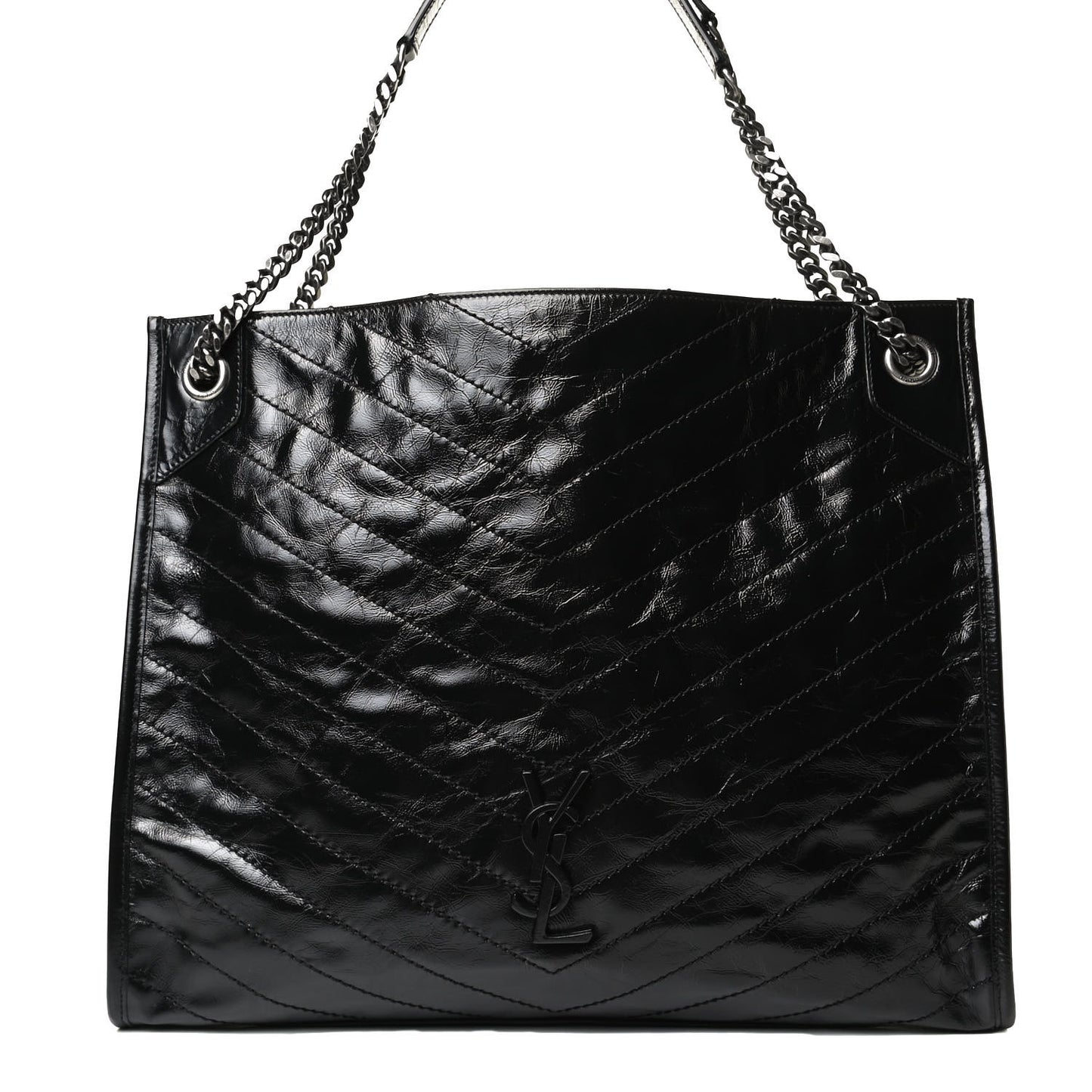 Crinkled Calfskin Matelasse Monogram Medium Niki Shopper Tote Black