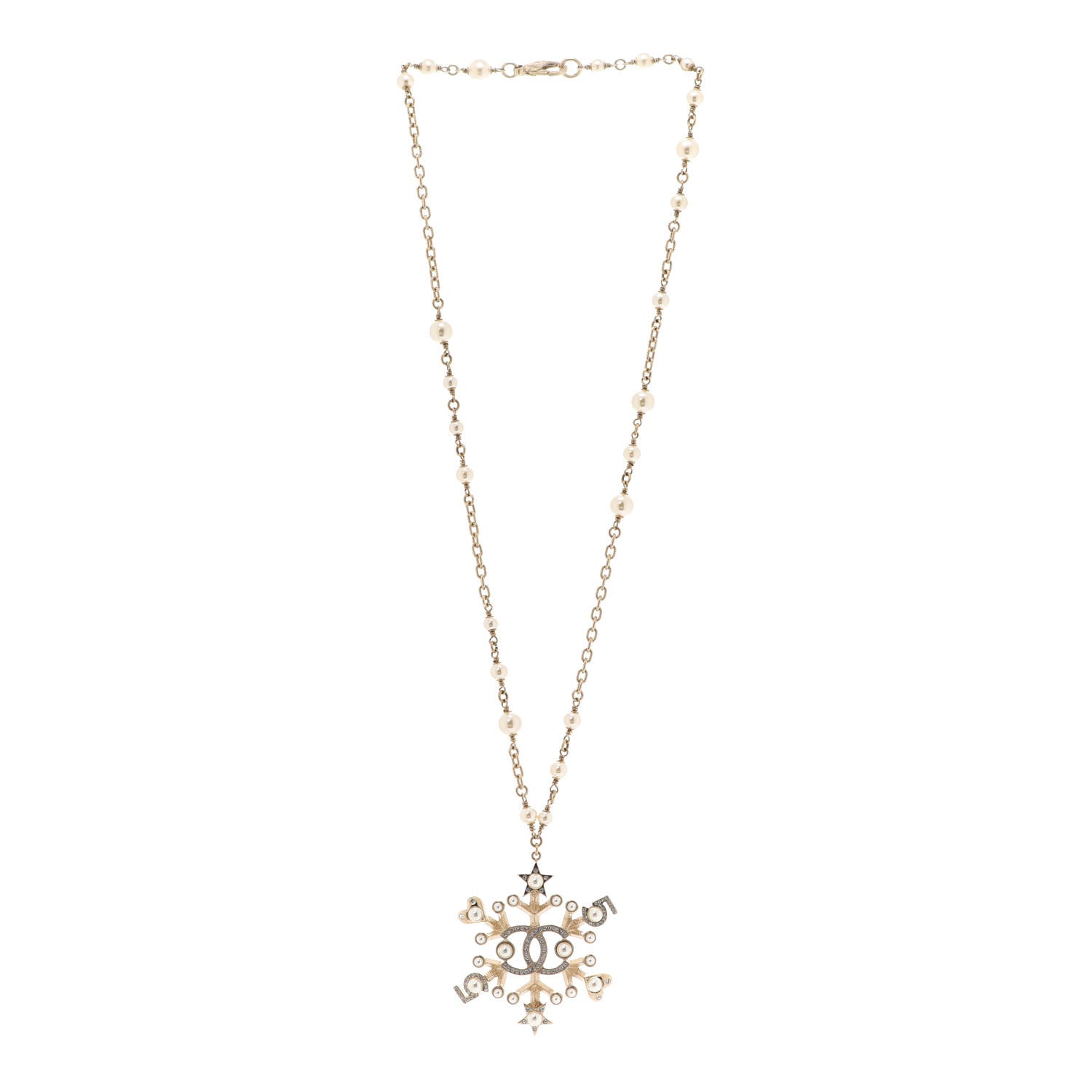 Chanel Crystal Pearl Hearts CC Pendant Necklace Gold 3 of 6