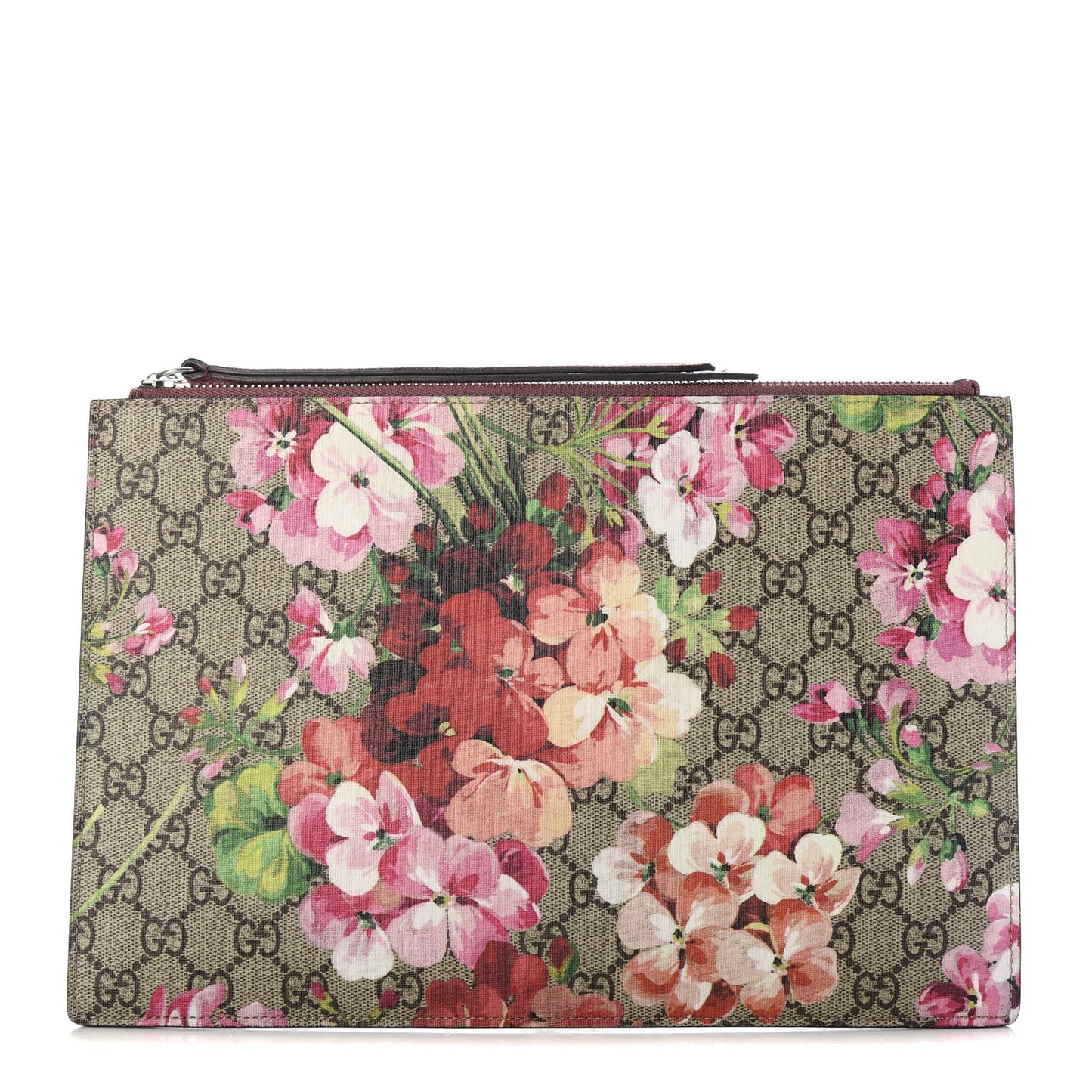GG Supreme Monogram Blooms Suede Large Zip Pouch Beige Multicolor Dry Rose